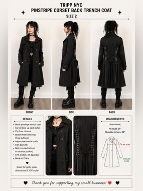 TRIPP NYC Black Pinstripe Corset Lace Up Trench Coat Jacket Size 2 Goth Punk